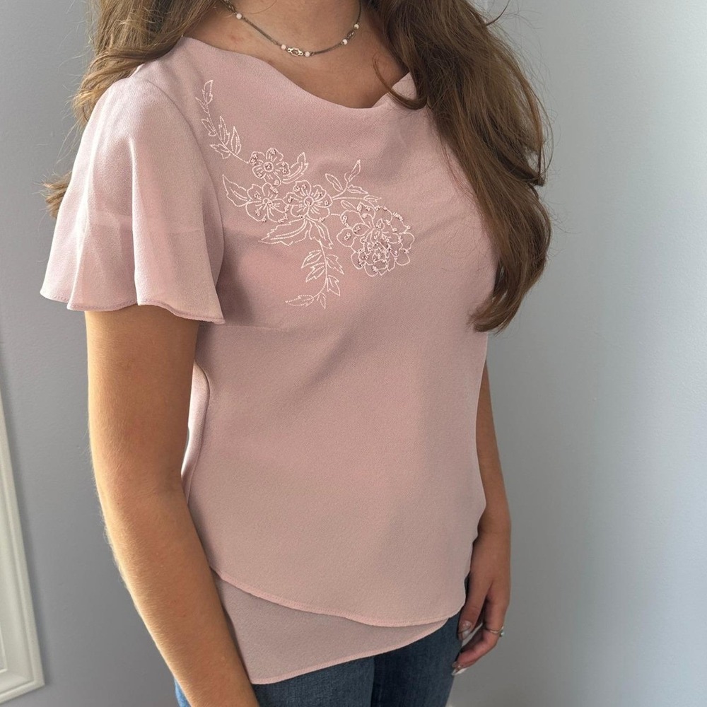 Vintage Mauve Blush Pink Flutter Sleeve Floral Beaded Blouse NWT 90s Y2K Size M